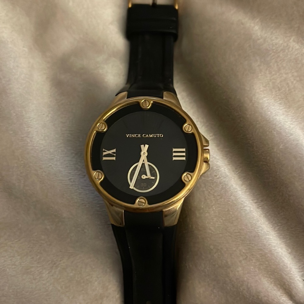 **SOLD ELSEWHERE** Vince Camuto - Sports Watch Black Rubber Band & Gold Face
